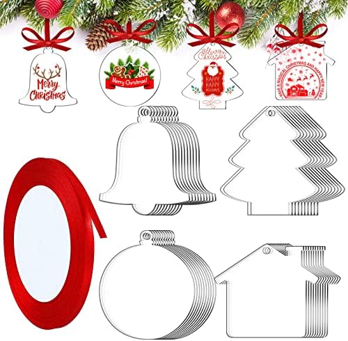 40 חתיכות קישוט לחג המולד אקרילי חג המולד קישוט אקרילי קישוט עץ חג המולד ריק עם 2 עט צבע ו -5 מטר סרט לבן אדום