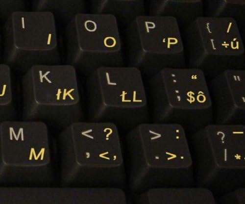 סלובקי מקלדת מדבקה עם צהוב אותיות על שקוף רקע לשולחן עבודה, מחשב נייד ומחברת
